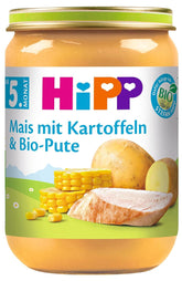 Porumb dulce Hipp cu piure de cartofi și curcan organic, pachet de 6 (6 X 190 grame) Mama si Copilul Naty Shop 6 x 190 grame Porumb cu piure de cartofi și curcan organic cu Omega 3