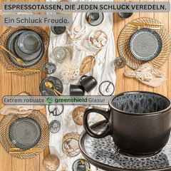 SÄNGER Sydney | Set de 12 căni de espresso din gresie, set de căni Mocha pentru 6 persoane, căni și farfurioare, potrivit pentru mașina de spălat vase și cuptorul cu microunde, gri închis, 80 ml | COLECȚIA VALUE