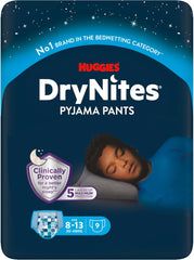 Huggies DryNites szuper nedvszívó éjszakai nedvesítő pelenkák fiúknak 8-13 éves korig (30-48 kg) 27 Count (3 x 9 Count) bugyi pelenkák