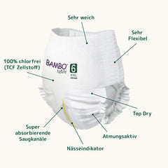Scutece infantile Bambo Nature, mărimea 6 (15+ kg) - cutie lunară cu 90 bucăți | Scutece infantile cu protecție îmbunătățită împotriva scurgerilor | Confort și libertate maximă pentru copiii activi | Scutece testate dermatologic