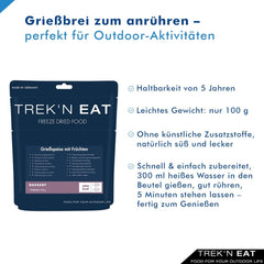 Trek'n Eat gyümölcsös búzadara puding - Krémes, gyümölcsös búzadara desszert szabadtéri tevékenységekhez, túrázáshoz és sürgősségi kellékekhez | Kész búzadara puding vízzel, hosszú eltarthatósággal, adalékanyagok nélkül