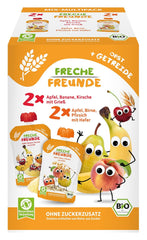 FRECHE FREUNDE Organic Mix gyűjtőcsomagolásban összenyomható tasakban - Gyümölcs + Gabonafélék, Gyümölcspüré gabonafélékkel kinyomható tasakban 6 hónapos kortól babáknak, vegán, 3, 3 x (4 x 100 g) kiszerelés
