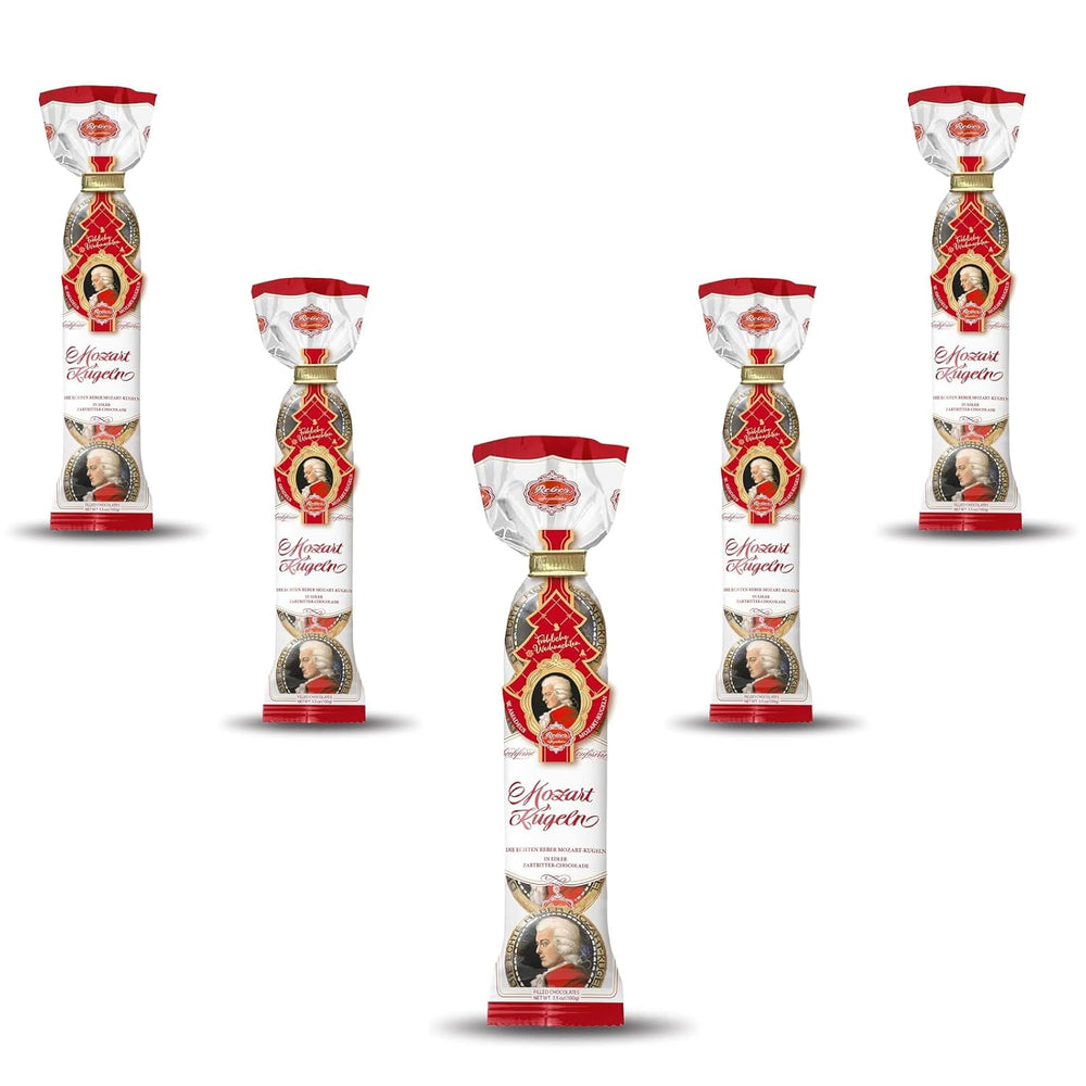 Reber Mozart golyók - 5 zacskó 5 édesség karácsonyi kiadásban - Eredeti Reber Mozart golyók, étcsokoládéból, marcipánból és nugátból