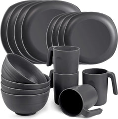 Set de veselă din PP | Set de veselă ușor și indestructibil, format din 16 piese, pentru copii și adulți, set combinat de masă cu 4 farfurii, 4 farfurii de desert, 4 boluri, 4 cești pentru 4 persoane