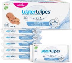 WaterWipes Sensitive+ Nedves törlőkendő újszülötteknek és csecsemőknek, 360 db (6 csomag), 3 az 1-ben Tisztítás, ápolás, védelem, 99,9% víz, illatmentes