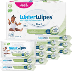 WaterWipes Sensitive+ baba- és kisgyermekkori nedves törlőkendők, 720 darab (12 csomag), 3 az 1-ben tisztítás, ápolás, védelem, 99,9% víz, texturált tisztító, illatmentes