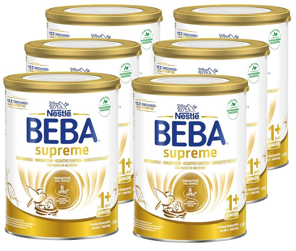 BEBA SUPREME JUNIOR 1 Plus - Ital gyerekeknek 1 éves kortól, komplex 6 HMO-val, laktózmentes, pálmaolaj mentes, halolaj mentes, kisgyermekes étel, babatejpor, 6 db-os kiszerelés (6 x 800g)