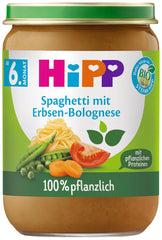 HiPP bio bolognai spagetti borsóval (6 x 190 g), bébiétel 5/6 hónapos kortól, 100% növényi alapú, hozzáadott só nélkül, legjobb bio minőség