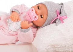 Bayer Design 93829AA Păpușa interactivă My Piccolina cu funcție, Păpușă vorbitoare, Mișcă gura, 38 cm, Suzetă, Biberon, Roz, Gri