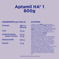 Aptamil HA 1 - Születéstől csecsemőtápszer, DHA-val, laktózmentes, pálmaolaj mentes, bébiétel, tejpor, 1 x 800 g
