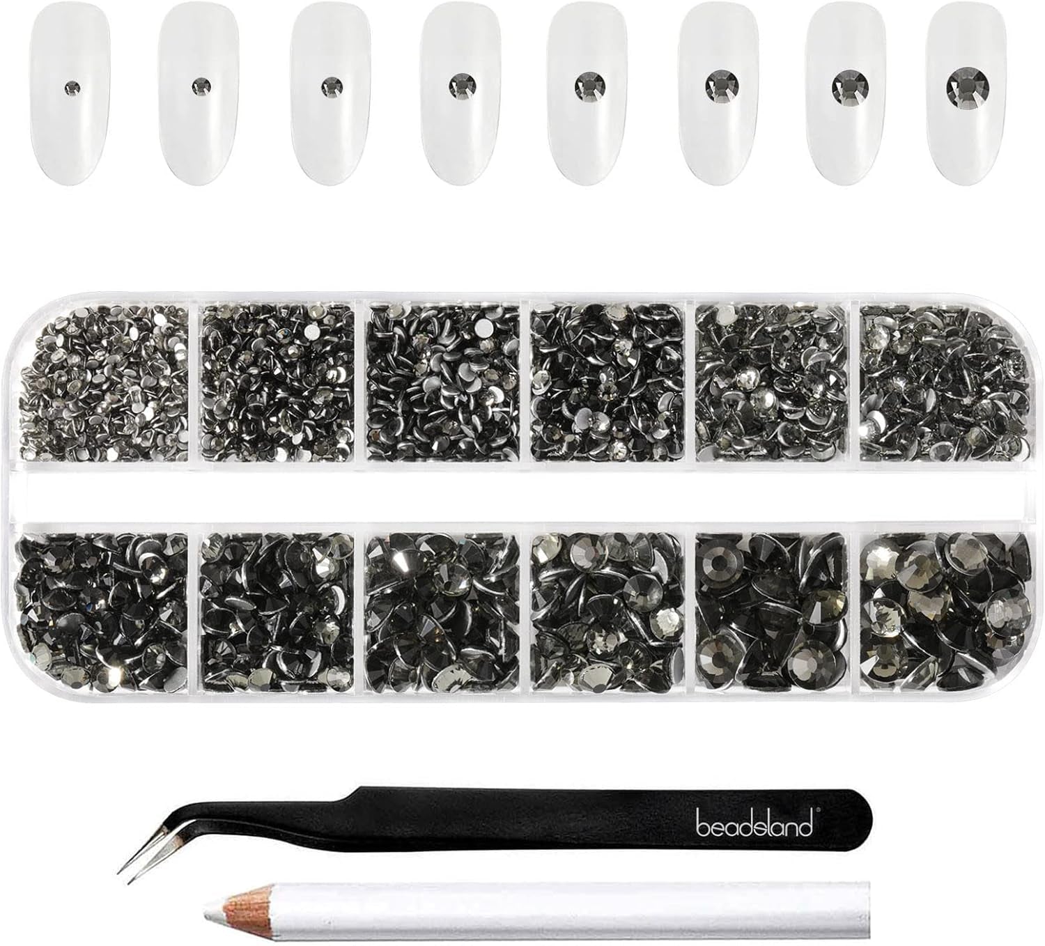 Beadsland 2500Pcs Glas Nailart Strasssteine Kristall Flatback Edelsteine Runde, Für Handwerk Gemischt 8 Größen SS4 ~ SS30 Mit Picking Pinzette Und Stift (Kristall Weiss)