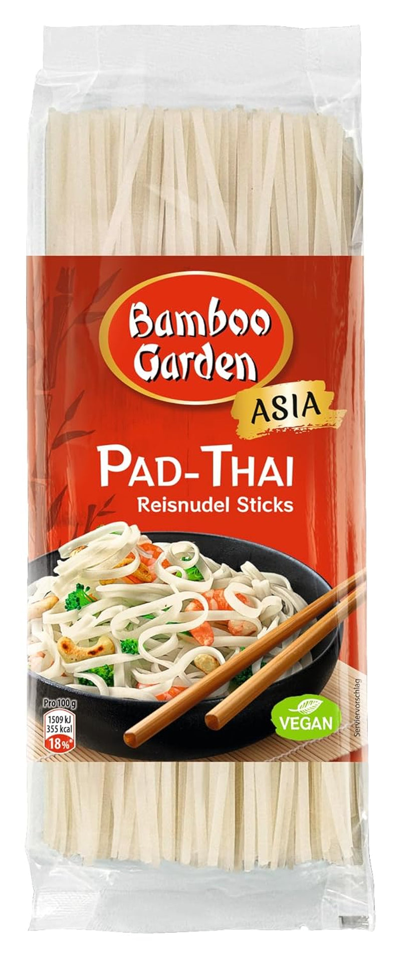 Bamboo Garden - Pad Thai rizstészta rudak, hagyományos tésztás ételekhez, mint például pad-thai, vegán, 1 x 300 g (a csomagolás kialakítása eltérő lehet)