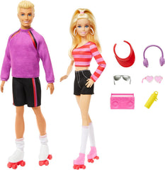 Set Barbie Fashionistas cu 2 păpuși la modă și 6 accesorii, păpuși la modă Barbie și Ken care patinează cu role, figurine de colecție aniversare de 65 de ani, HXK90
