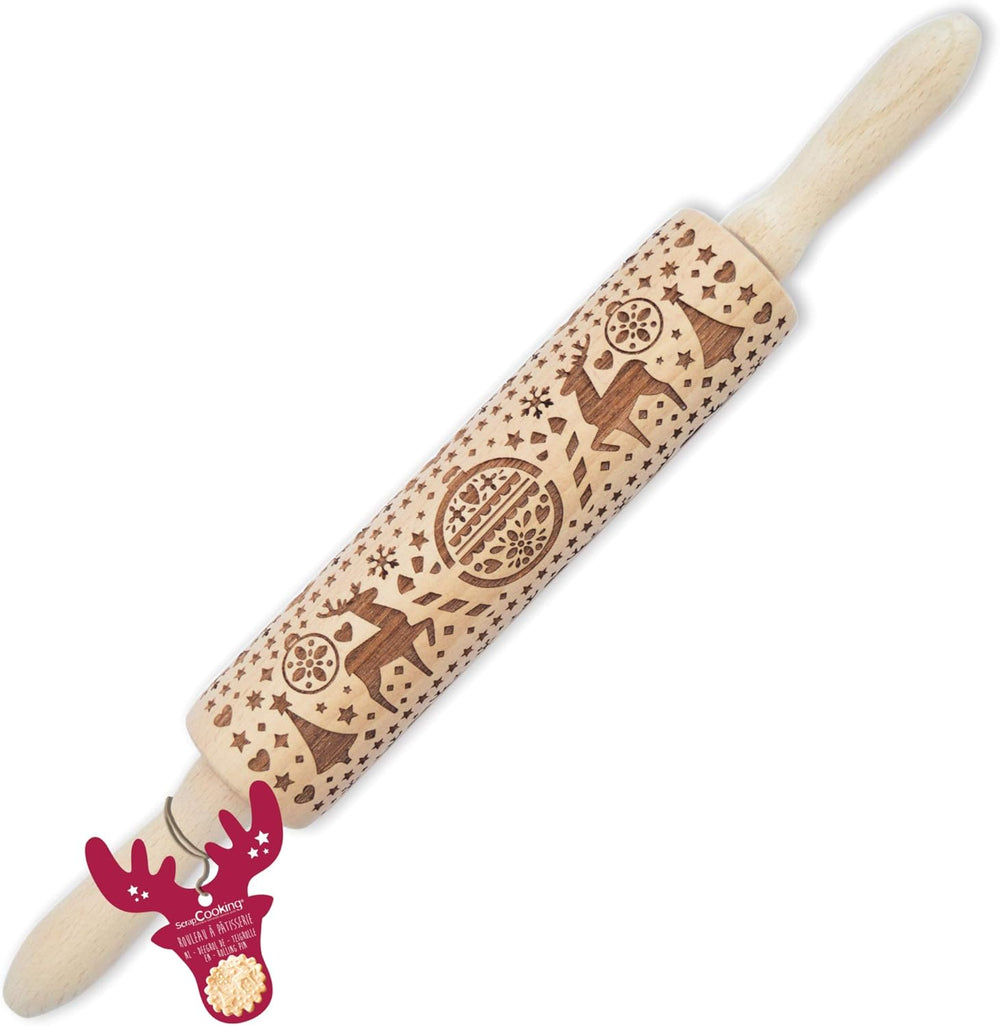 Scrap Cooking Teigrolle aus Holz "Xmas" mit weihnachtlichen Motiven – Prägerolle mit gepfragten Verzierungen für Kekse – dekoratív Zubehör – 5242