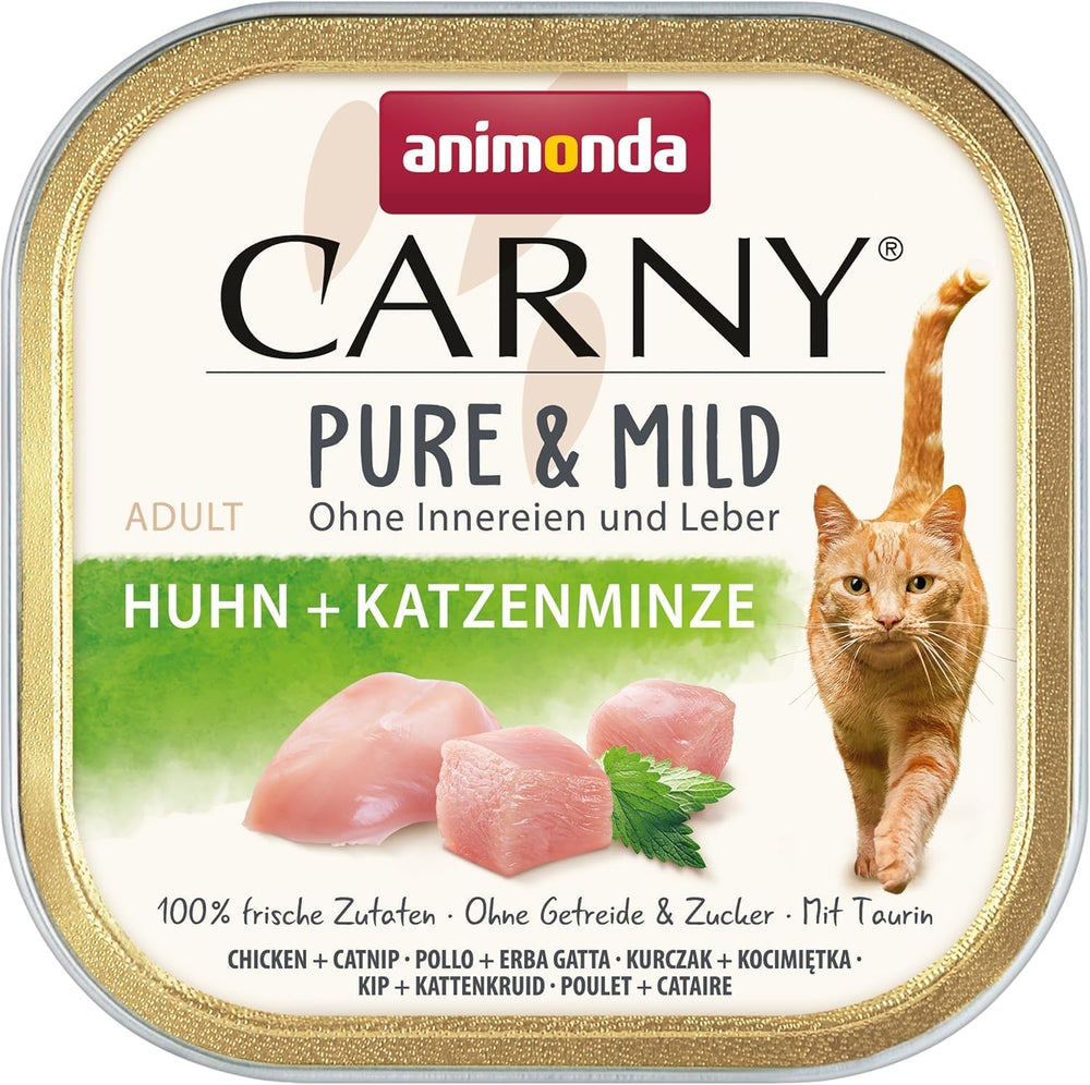 Hrană umedă pentru pisici Adult Pure & Mild cu pui și catnip (32 x 100 g), pentru pisici sensibile, fără cereale și fără zahăr, hrană umedă ușor digerabilă cu pui