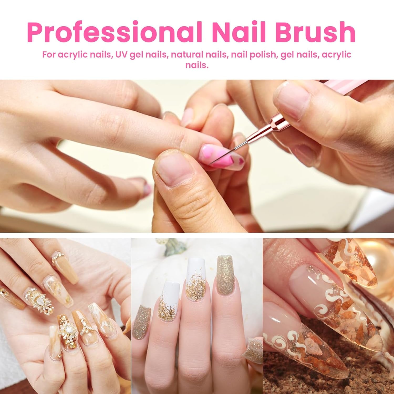 6 Stück Liner Nailart Pinsel Nageldesign Pinsel Set Dünn Acryl Nagelpunkt-Zeichenwerkzeug Nägel Dünne Nagelpinsel Set Für Lange Linien, Dünne Details, Feines Zeichnen 5/7/9/11/15/25 Mm(Rosa)