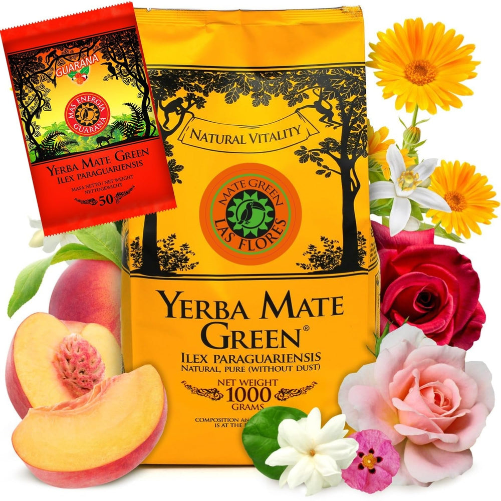 Yerba LAS FLORES 1 kg ● Ceai Yerba Mate cu piersici braziliene ● Iasomie ● Ceai Mate din frunze de mate ● Arome naturale ● Ceai Yebra Mate cu guarana 50 g ● Ceai Yerba Mate cu frunze întregi 1050 g ● Vegan