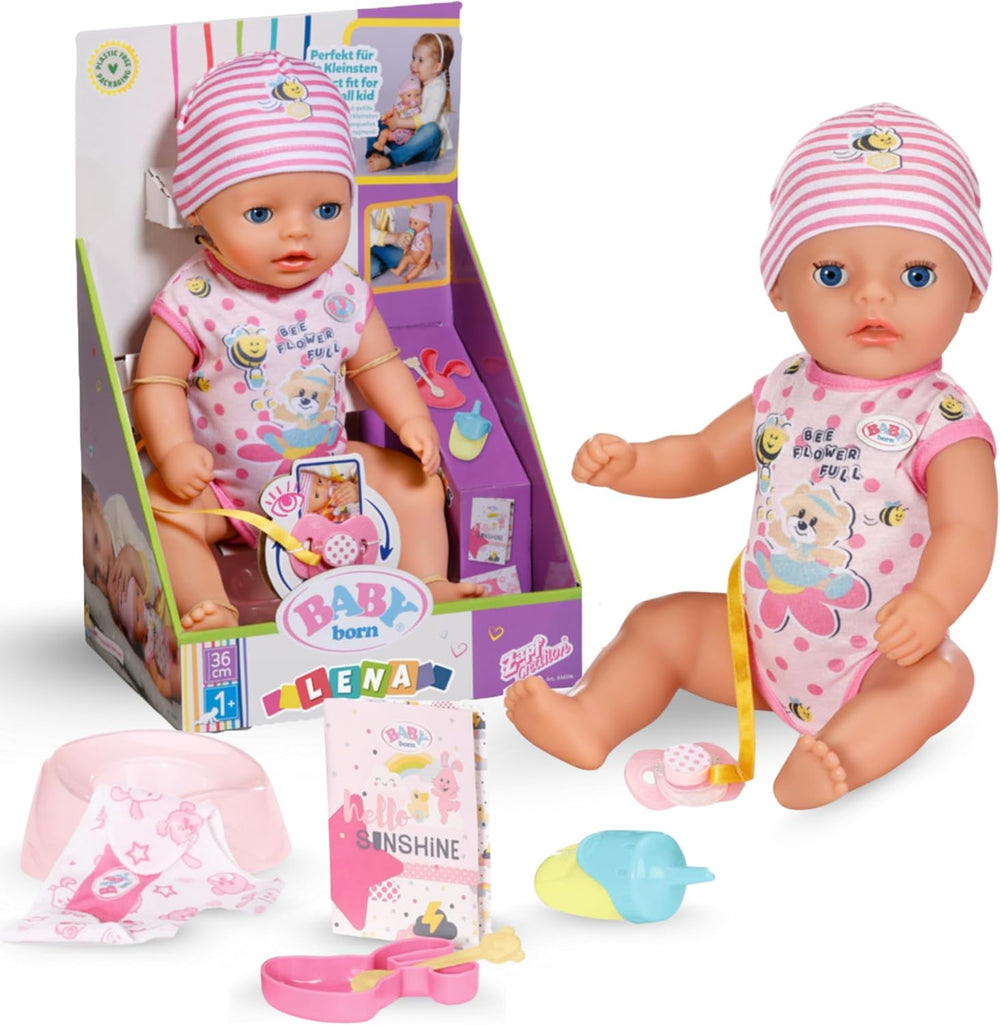 Păpușă bebelușă Baby Born Lena (Fetiță) - 36 cm - 7 funcții, inclusiv accesorii și saltea - Funcționează complet fără baterii - Potrivită pentru copii mici de la 1 an