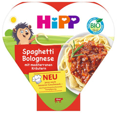 HiPP bio Bolognese spagetti mediterrán gyógynövényekkel (6 x 250g), 1 éves kortól alkalmas, enyhén párolva, fűszerezett gyerekeknek, bio minőség