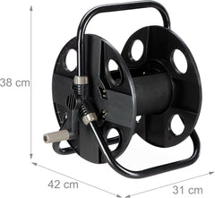 Rolă furtun Relaxdays, pentru furtun de 30 m 1/2", oțel, plastic, suport furtun, HL: 38 x 42 x 31 cm, negru-gri