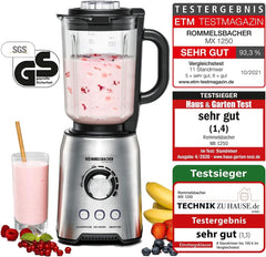 ROMMELSBACHER állókeverő MX 1250-22 000 U/min, Stufenlose Drehzahlregulerung, Funktionsstasten (Smoothie, Clean/Pulse, Ice Crush), Glaskrug, Edelstahlgehäuse, Spezialmesser, 1200 Watt Kitchen Naty Shop