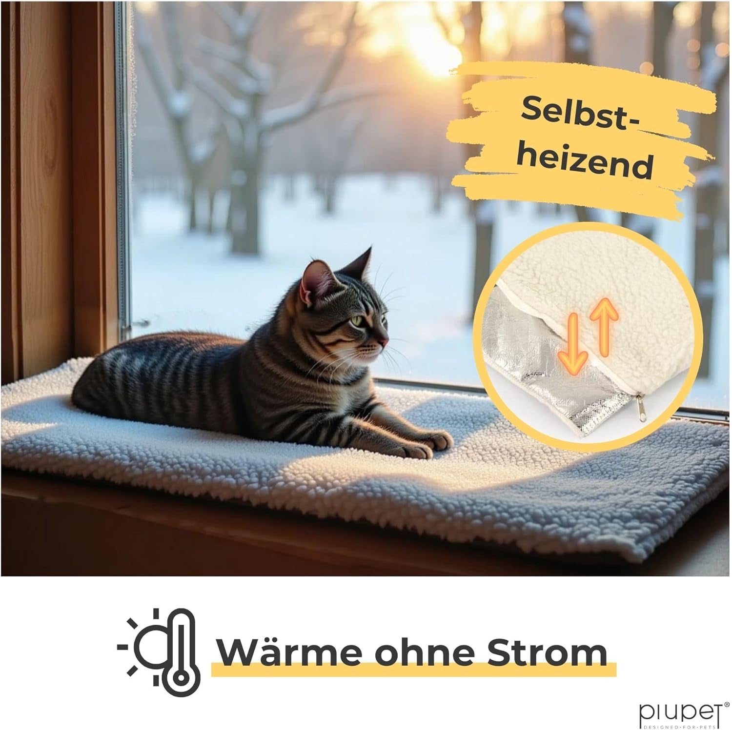 Pătură autoîncălzitoare pentru pisici Piupet, pentru pervazul ferestrei | Pat pufos pentru pisici | Pat pentru pisici de pe pervazul ferestrei | 90 x 25 cm | Bej