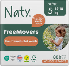 Naty FreeMovers babapelenkák | Tanúsított bőrbarát pelenkahuzatok | Lágy és illatmentes | Nedvszívó és szivárgásmentes | Bőrgyógyászatilag tesztelt 5-ös méret (12-18 kg) | 80 darab