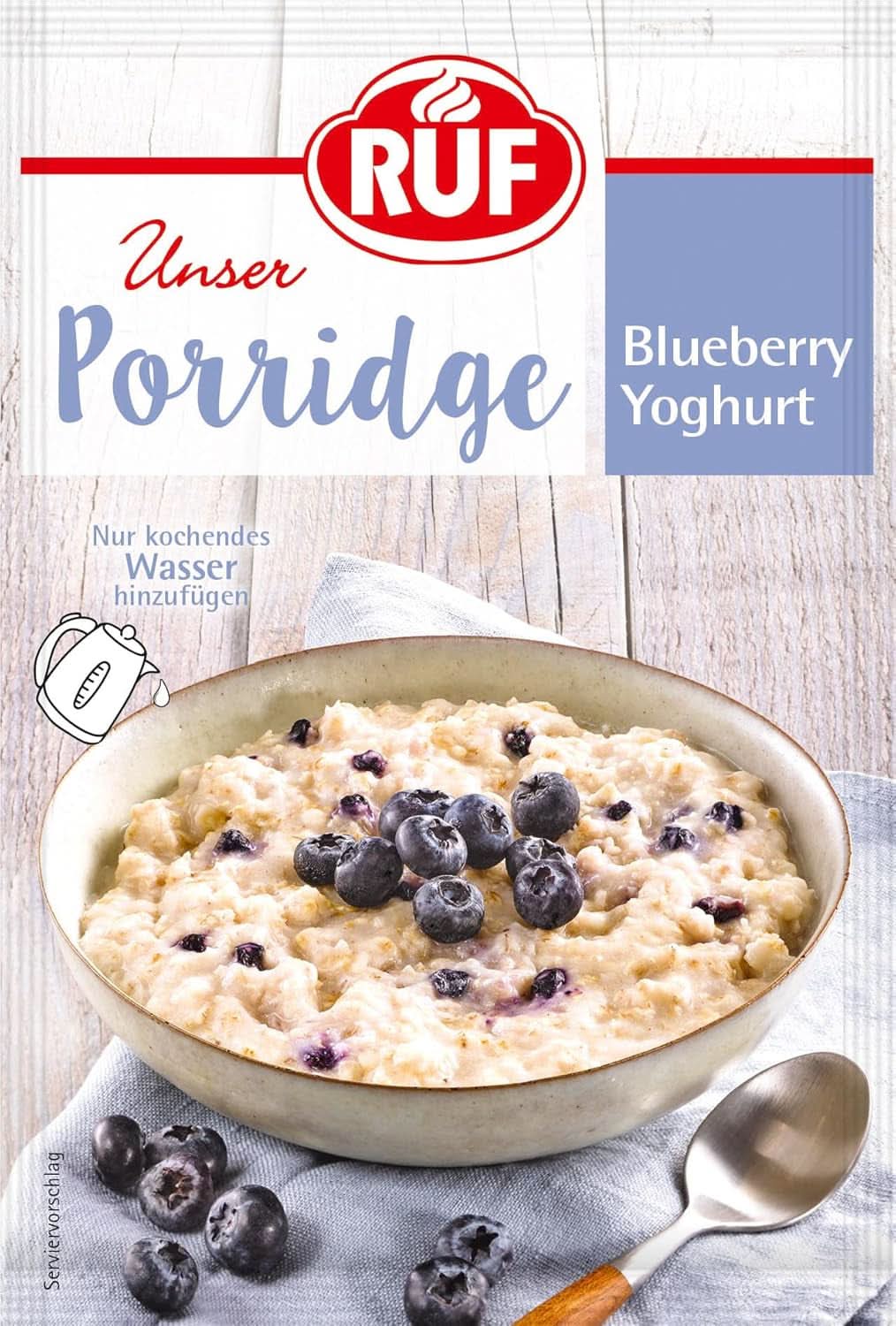 RUF Porridge Raspberry White Choc, Porridge instant cu bucăți de zmeură și ciocolată albă rasă, 65 de grame Cereale Naty Shop 65 grame Iaurt si afine