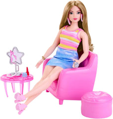 Barbie - Set de modă cu păpușă și dulap cu haine, accesorii și mobilier de salon, distracție de coafare de lungă durată, pentru copii cu vârsta de 3 ani și peste, HPL78