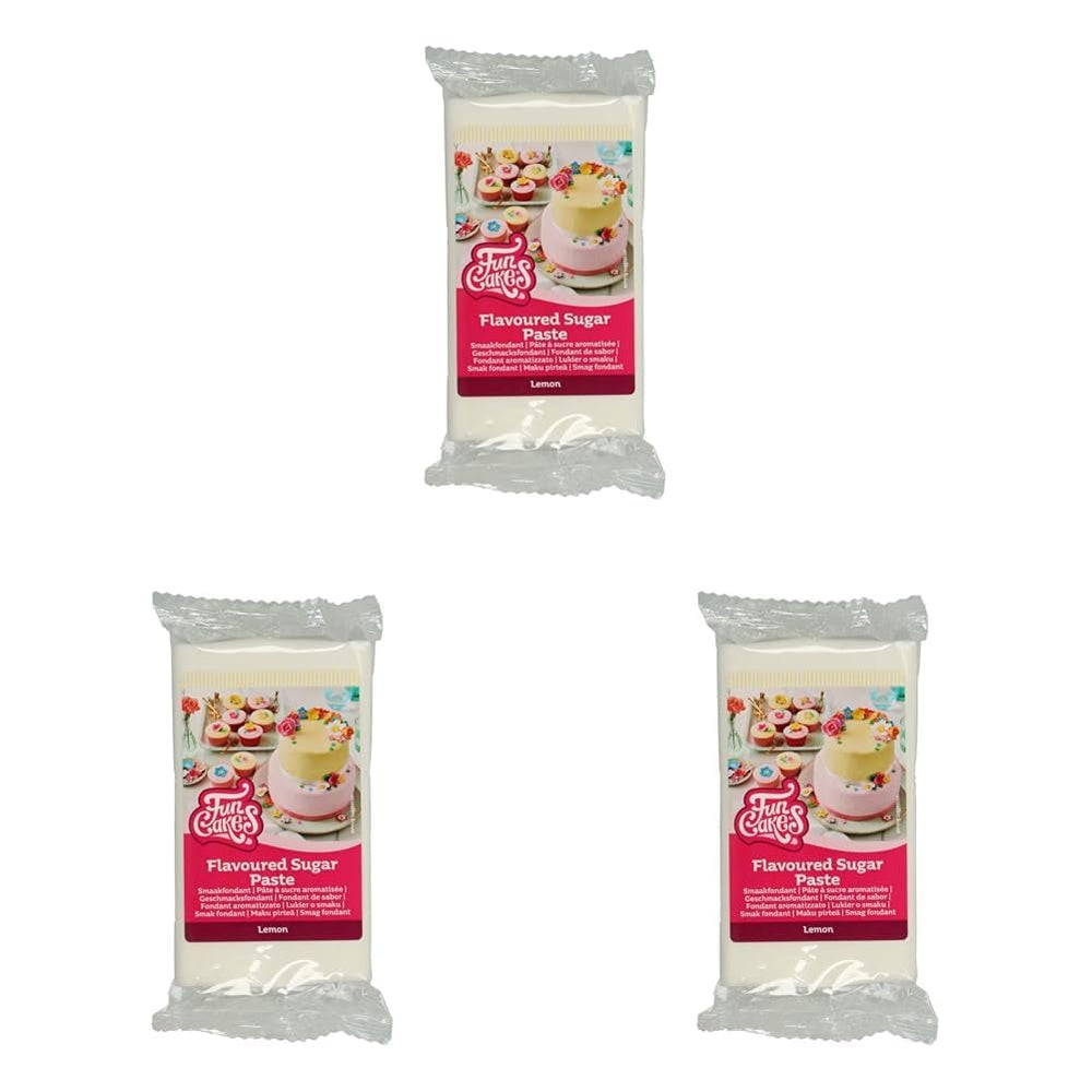 FunCakes Fondant cu aromă de lămâie: Gust delicios, textură fină, ușor de întins, fondant rulat, perfect pentru prăjituri, cupcakes și biscuiți. Halal, kosher și fără gluten. 250 g (pachet de 3) Pasta de zahar Naty Shop 250 G (pachet de 3) Lămâie