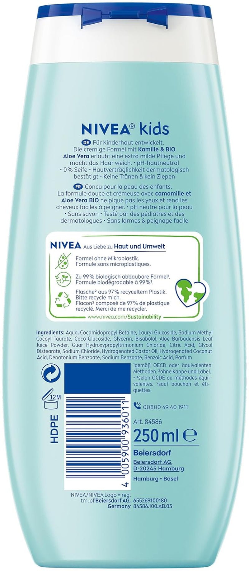 Gel de duș, șampon și balsam NIVEA KIDS 3in1, îngrijire și curățare pentru copii cu un parfum magic de mere, extra blând, îngrijire fără săpun pentru păr și piele pentru copii (250 ml) Copii - Baie si Skincare Naty Shop