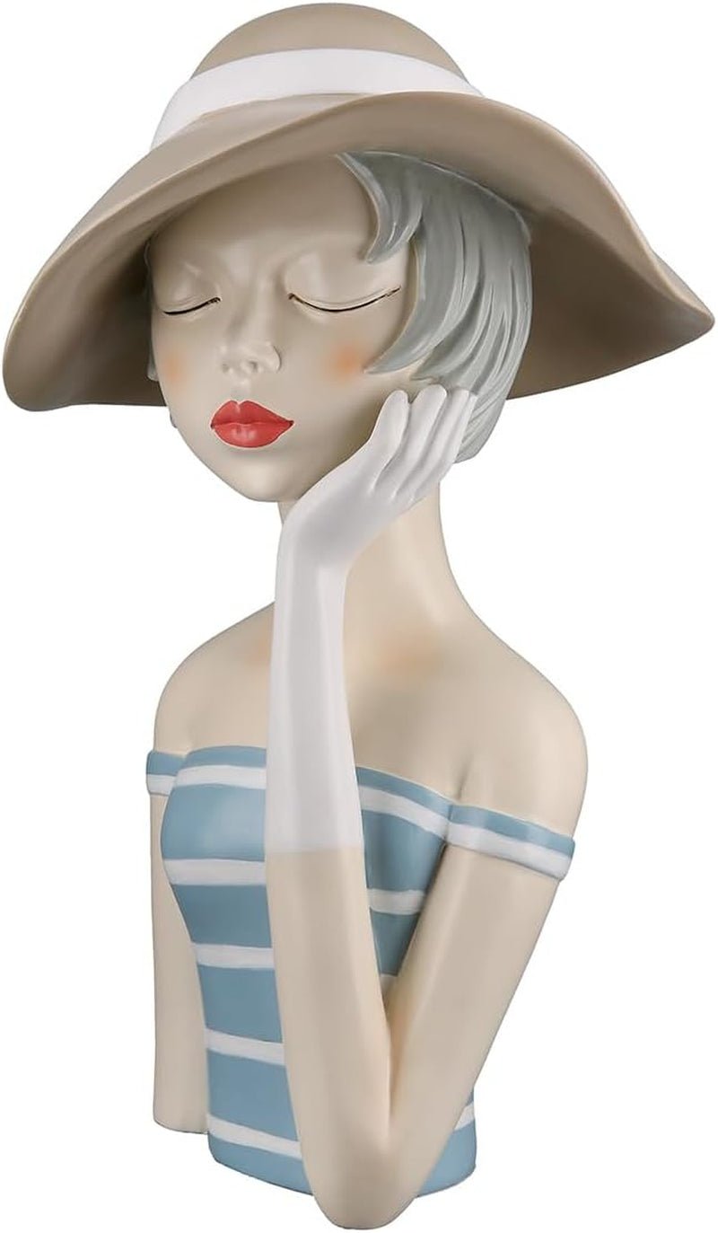 GILDE Figurină decorativă femeie africană Tortuga - Sculptură din rășină sintetică - Cadou decorare living pervaz - Culoare: maro, alb crem cu coș de fructe H 82 cm Statuete si sculpturi Naty Shop Albastru crem alb Înălțime 32 cm