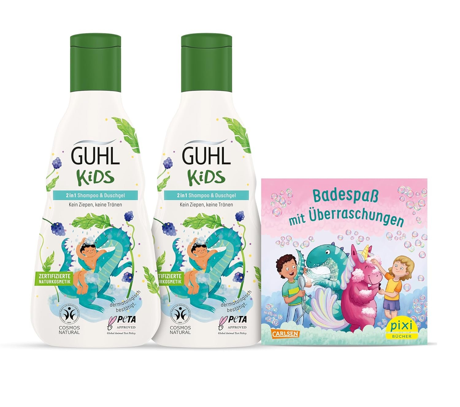 Guhl Kids Dino advantage set - 2x Guhl Kids 2 în 1 Șampon & Gel de duș, 250ml + 1x Pixi book - Special dezvoltat pentru copii - Nu se trage - Certificat Cosmos Natural Copii - Baie si Skincare Naty Shop Titlu implicit