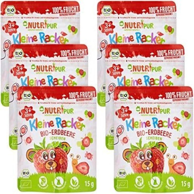 Gustare de fructe organice pentru copii: 6x15g căpșuni organice liofilizate - Fructe liofilizate - Fructe uscate - Little rascals de la NutriPur Produse deshidratate Naty Shop Titlu implicit