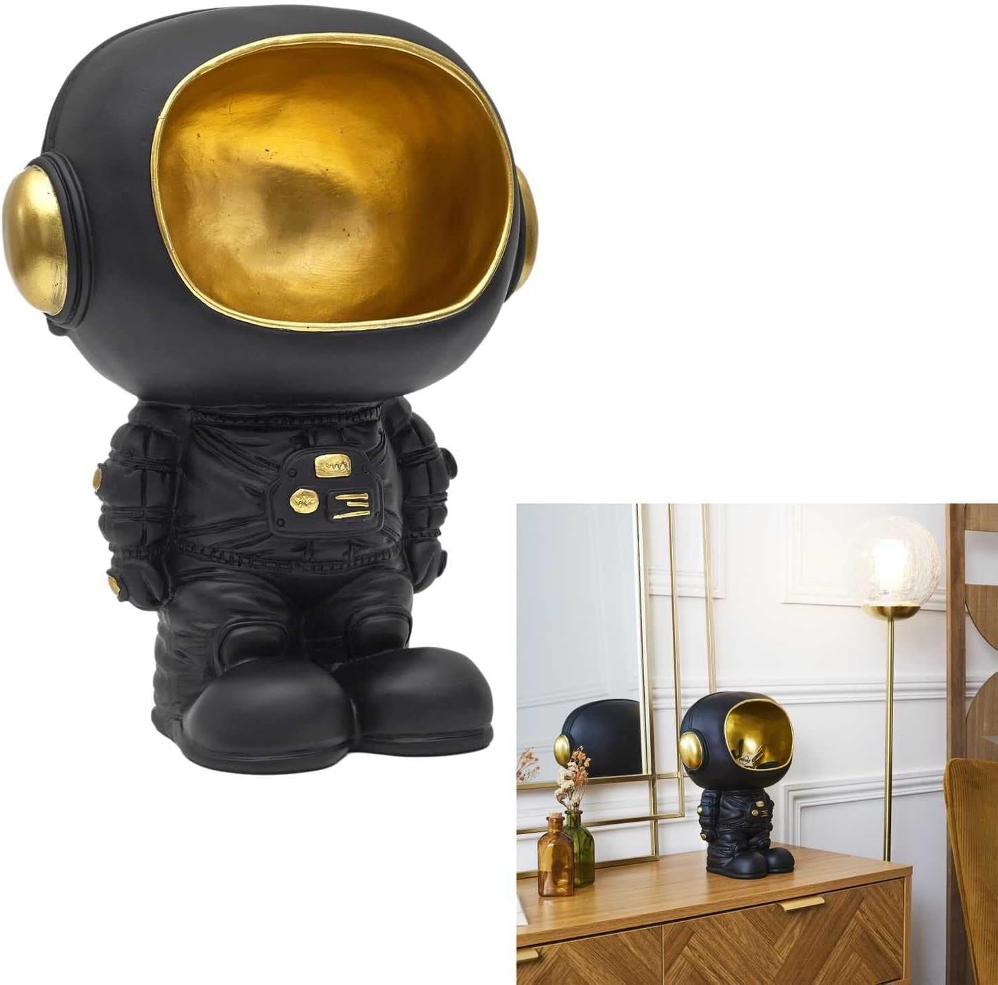 HOME DECO FACTORY, HD0160, Statuie astronaut cu buzunar gol negru, obiect decorativ modern și practic, design futurist, ideal pentru camera de zi sau birou, dimensiune: 20 cm, culoare: negru și auriu Statuete si sculpturi Naty Shop