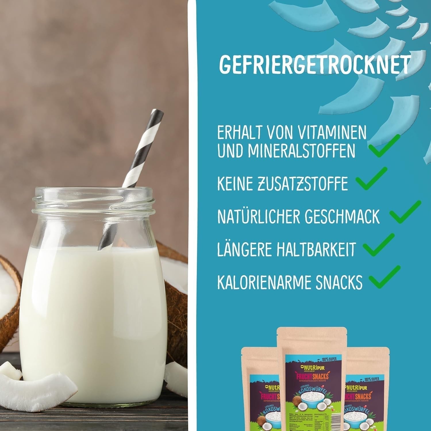 Nucă de cocos liofilizată: 50g fructe liofilizate - dulciuri vegane cuburi de nucă de cocos îndulcite - fructe uscate natural de la NutriPur Produse deshidratate Naty Shop