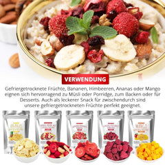 Set de degustare de fructe liofilizate 5x40g, căpșuni fructate liofilizate, zmeură, ananas, mango și amestec de căpșuni-banană, fără aditivi, fabricat în Germania Produse deshidratate Naty Shop