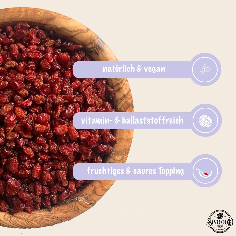 SIVIFOOD Barberries 200g - fructe de mur uscate în calitate premium de alimente crude - vegan și natural cu conținut scăzut de grăsimi ghimpe acru Zereshk barberry Berberis fructe uscate uscate barberries uscate Produse deshidratate Naty Shop