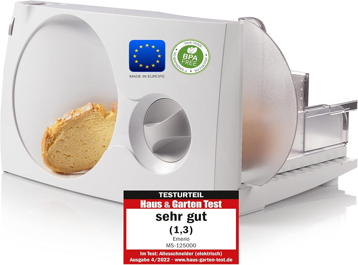 Emerio univerzális szeletelő "Made in EU" MS-125000, rozsdamentes acél penge német gyártmány, állítható 0-17 mm, 100 W aprítók és szeletelők Naty Shop Single White