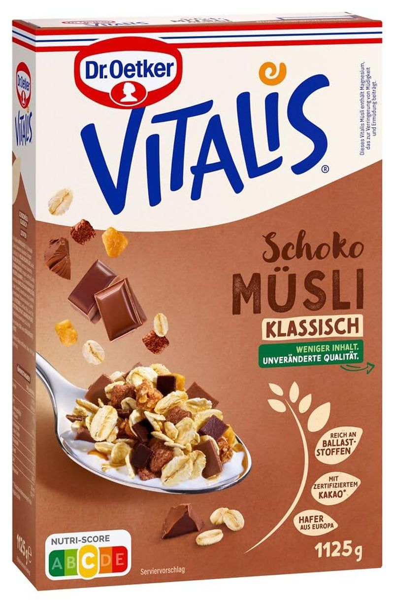 Dr. Oetker Vitalis csokoládé müzli klasszikus: Reggeli müzli tejjel és étcsokoládéval, 7 db-os (7 x 600g) csomag