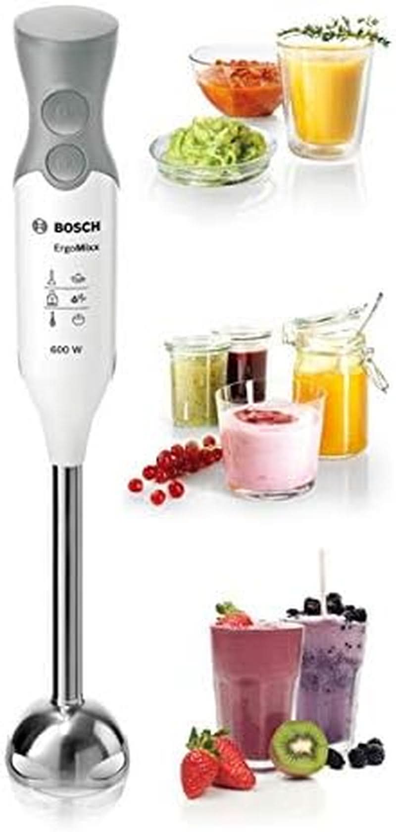 Bosch Stabmixx Ergomixx MSM66110, Edelstahl-Mixfuß, Mix- Und Messbecher, 2 Geschwindigkeitsstufen, Leichtes Gehäuse, 4-Klingen-Messer, Einfache Reinigung, 600 W, Weiß/Grau Kitchen Naty Shop