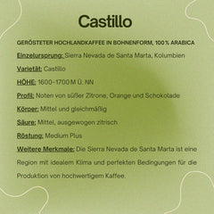 Spezialitätenkaffee Bohnen 100% Arabica Natural Mittlere Röstung Gewaschener Prozess Zitrus Schokolade Karamell Schattenanbau Sierra Nevada (250 g, Castillo)