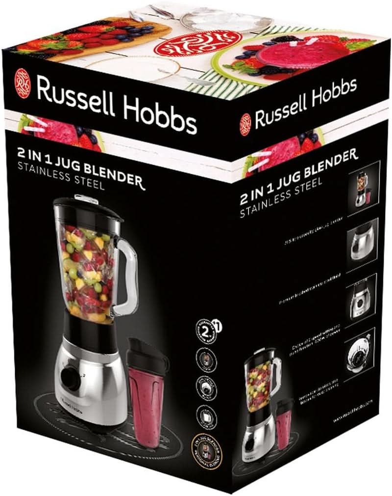 Russell Hobbs Standmixer 2-Az 1-ben [1,5 literes Glasbehälter keverő és 0,6 literes mini turmixkészítő - To-Go-Trinkflasche Inkl. Deckel] Spülmaschinenfest, Impuls-/Ice-Crush Funktion, Becher BPA Frei, Edelstahl 23821-56 Kitchen Naty Shop
