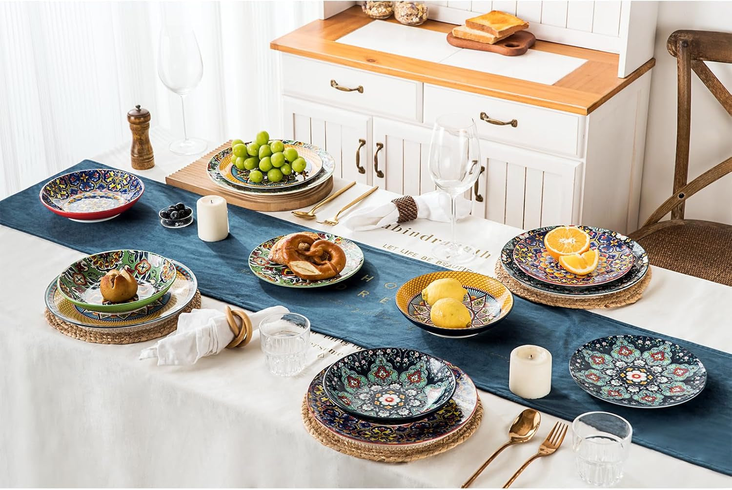 Set de veselă din porțelan HENXFEN LEAD, set de veselă cu 12 piese pentru 4 persoane, set de veselă colorat pentru 4 persoane - farfurii pictate manual, farfurii de desert, farfurii de supă - stil boem