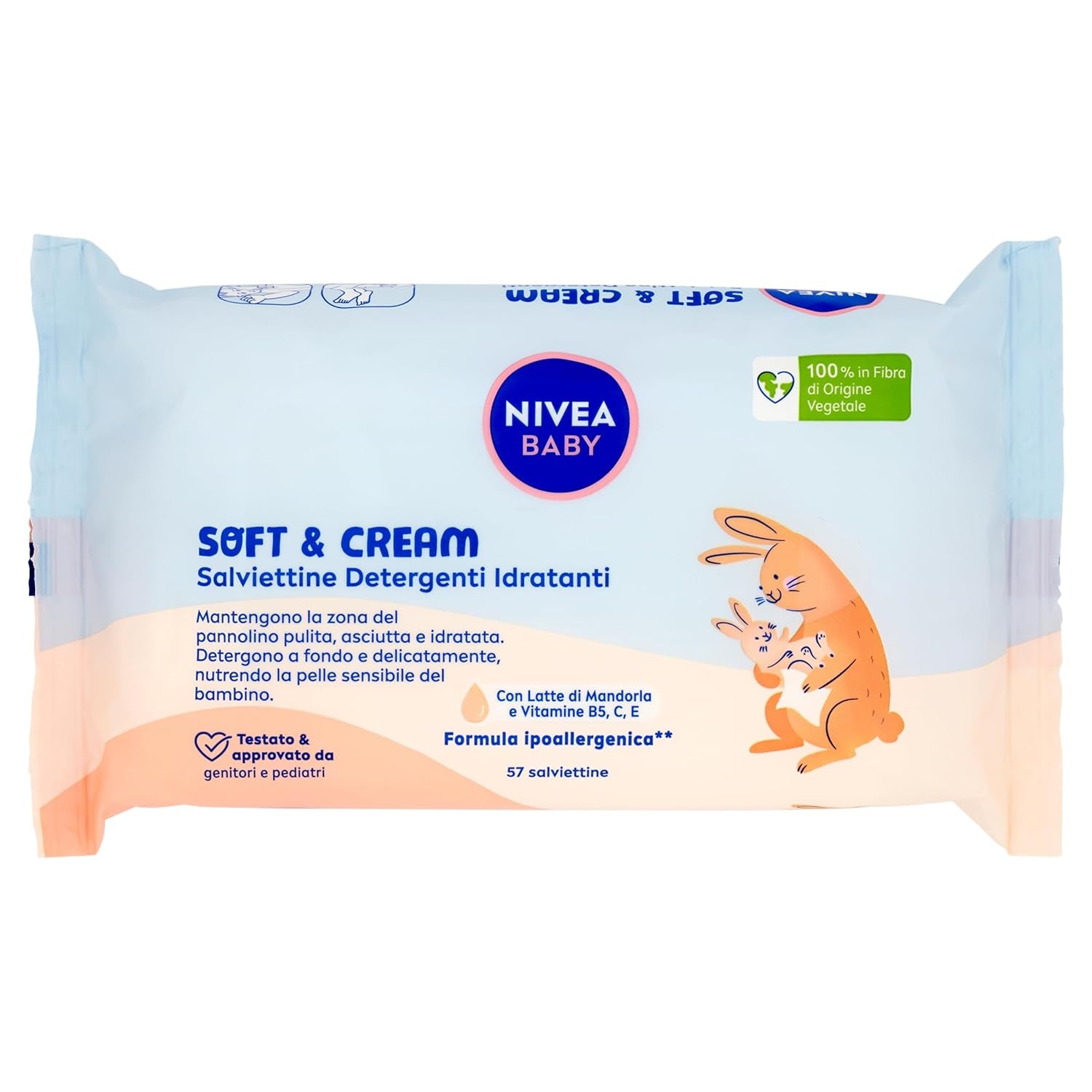 NIVEA Baby Moisturizing Cleansing Wipes Soft & Cream, 57 db, tiszta, száraz és hidratált bőrre, baba törlőkendők mandulatejjel és B5, C és E vitaminokkal