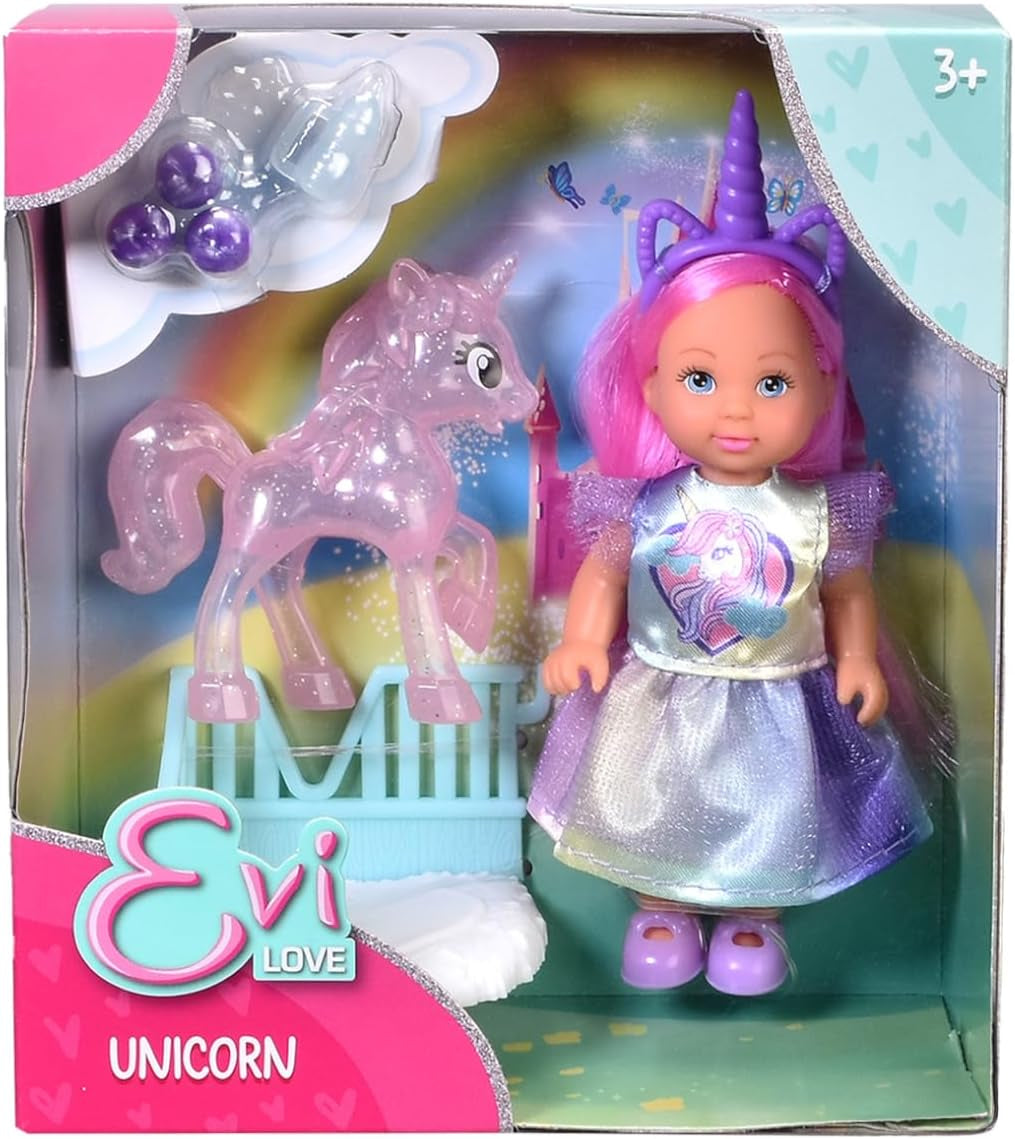 Simba Evi Love Unicorn, Spielpuppe trägt EIN süßes Einhornkleid mit passendem Haarreif, inkl. Einhorn mit Stall, Äpfeln und Trinkflasche, 12cm, ab 3 Jahren