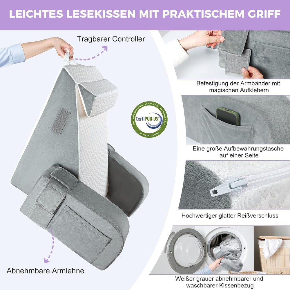 Pernă mare de citit cu bară de mâner, spumă de înaltă densitate, pernă ergonomică pentru spate, cotiere, suport pentru gât și tetieră, pernă de șezut cu reflux pentru dormit, joacă, vizionarea la televizor, pentru pat și canapea