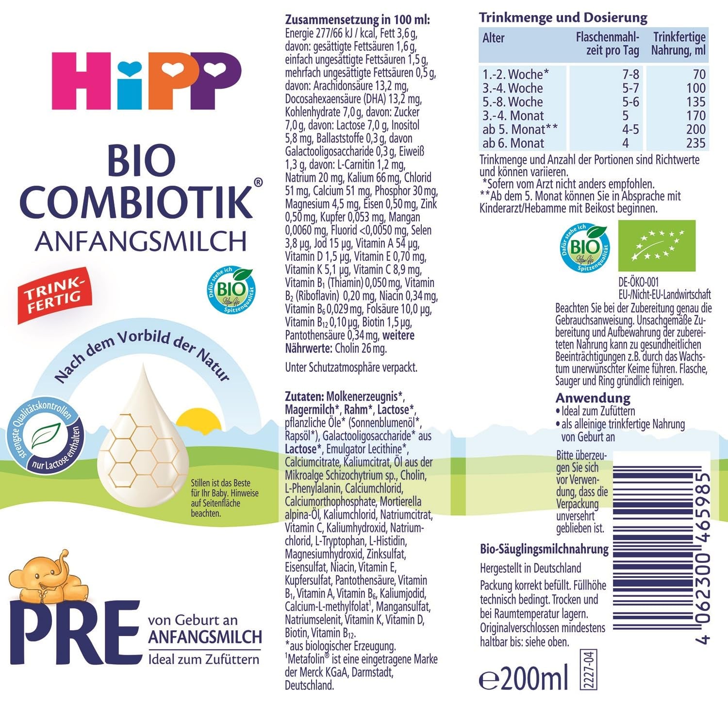 HiPP PRE Organic ivásra kész kombiotikus formula (6 x 200 ml) születéstől származó csecsemőtej csak laktózt tartalmaz, mint a legjobb bio szénhidrátot