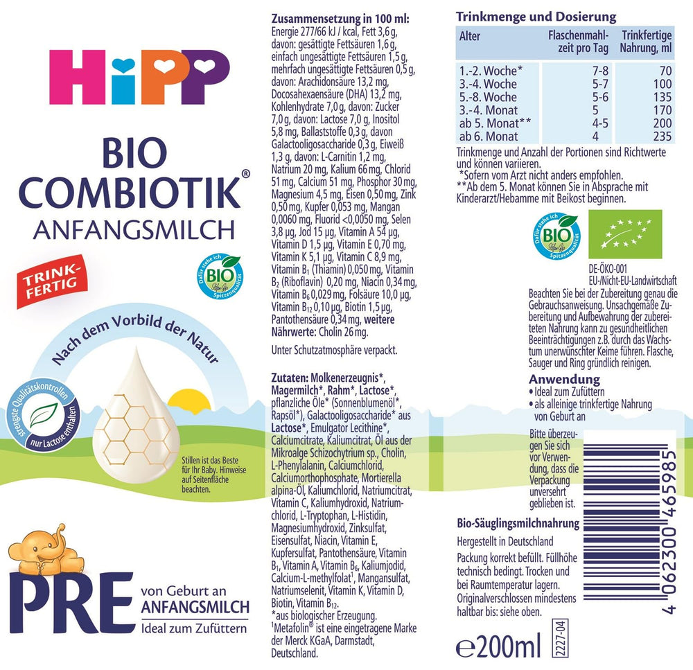 HiPP PRE Organic ivásra kész kombiotikus formula (6 x 200 ml) születéstől származó csecsemőtej csak laktózt tartalmaz, mint a legjobb bio szénhidrátot