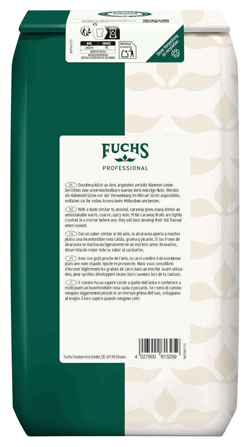 Fuchs Professional - Kümmel ganz | Ungemahlen, zum Würzen von Bratkartoffeln oder Krautgerichten | Profi-Qualität für Großverbraucher und Gastronomie | 1 kg-os újrahasznosítható zacskó